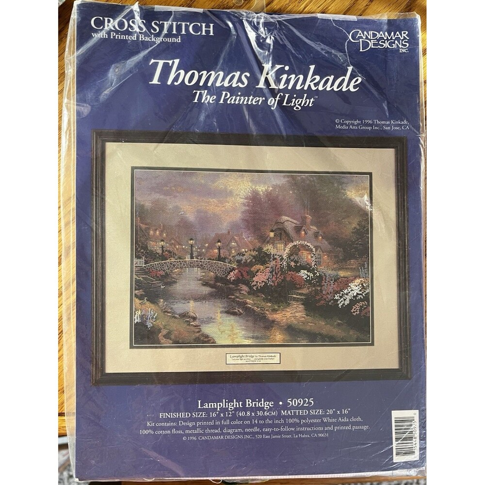 Thomas Kinkade LAMPLIGHT BRIDGE Printed Cross Stitch Kit Candamar Designs Opened